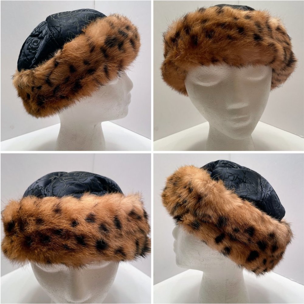 Callanan Millinery Leopard Looking Rabbit Fur Roller/Cossack Hat VTG 60s Style